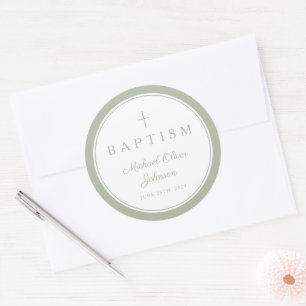 Elegant Sage Green Cross Boy Baptism Classic Round Sticker