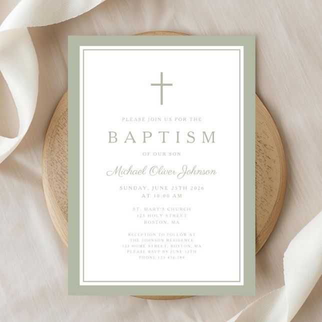 Elegant Sage Green Cross Boy Baptism Invitation (Elegant Sage Green Cross Boy Baptism Invitation)