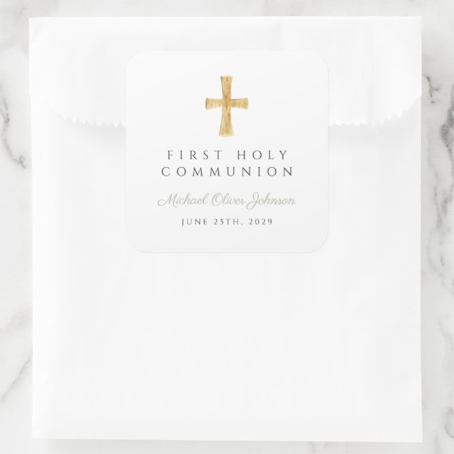 Elegant Sage Green Cross Boy First Communion  Square Sticker (Bag)