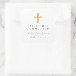 Elegant Sage Green Cross Boy First Communion Square Sticker