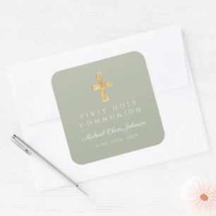 Elegant Sage Green Cross Boy First Communion  Square Sticker