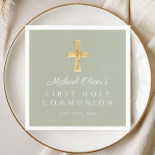 Elegant Sage Green Cross First Communion Napkin