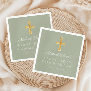 Elegant Sage Green Cross First Communion Napkin