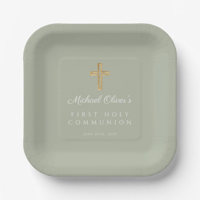 Elegant Sage Green Cross First Holy Communion Paper Plate (Front)