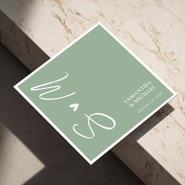 Elegant Sage Green Custom Initials Wedding Napkins (Personalized Sage Green Wedding Napkins - Elegant)