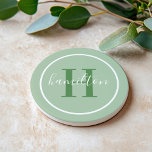 Elegant Sage Green Custom Monogram Initial Coaster<br><div class="desc">Elegant round personalised beverage drink coaster design features a classic custom serif monogram initial in leafy foliage green with your last name in modern white calligraphy script against a sage green background. A simple white circle frames the design. Colour scheme can be customised to coordinate perfectly with your home decor....</div>