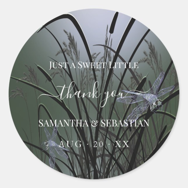 Elegant Sage Green Dragonflies Thank You Classic Round Sticker (Front)