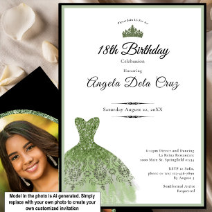 Elegant sage green dress 18th birthday debut invit invitation