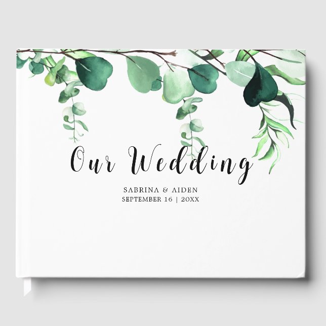 Elegant Sage Green Eucalyptus Foliage Wedding Guest Book (Front)