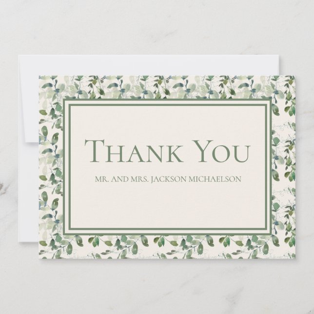 Elegant Sage Green Eucalyptus Leaves Cream Wedding Thank You Card (Front)