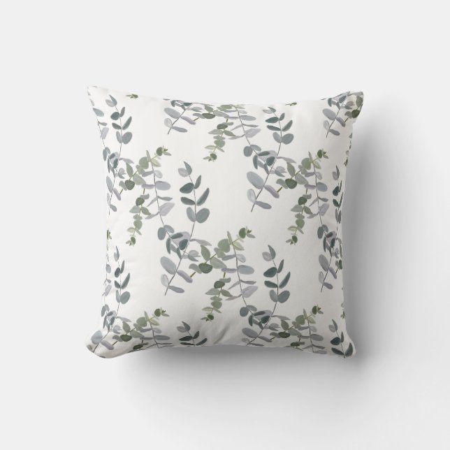 Elegant Sage Green Eucalyptus Leaves Pattern Cushion (Front)