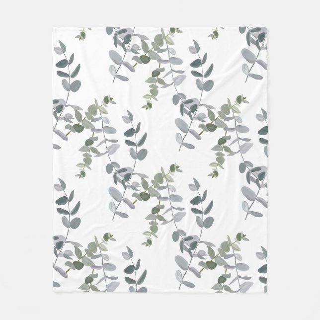 Elegant Sage Green Eucalyptus Leaves Pattern Fleece Blanket (Front)
