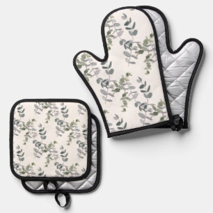 Elegant Sage Green Eucalyptus Leaves Pattern Oven Mitt & Pot Holder Set