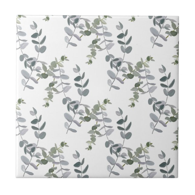 Elegant Sage Green Eucalyptus Leaves Pattern Tile (Front)