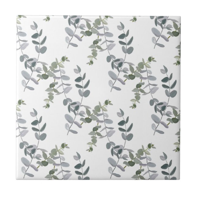 Elegant Sage Green Eucalyptus Leaves Pattern Tile (Front)