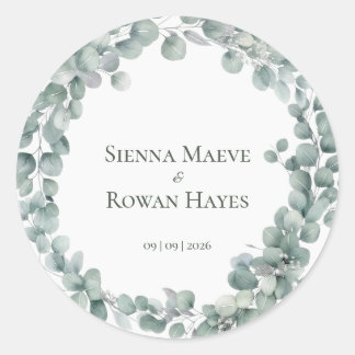 Elegant Sage Green Eucalyptus Round Wedding Favour Classic Round Sticker