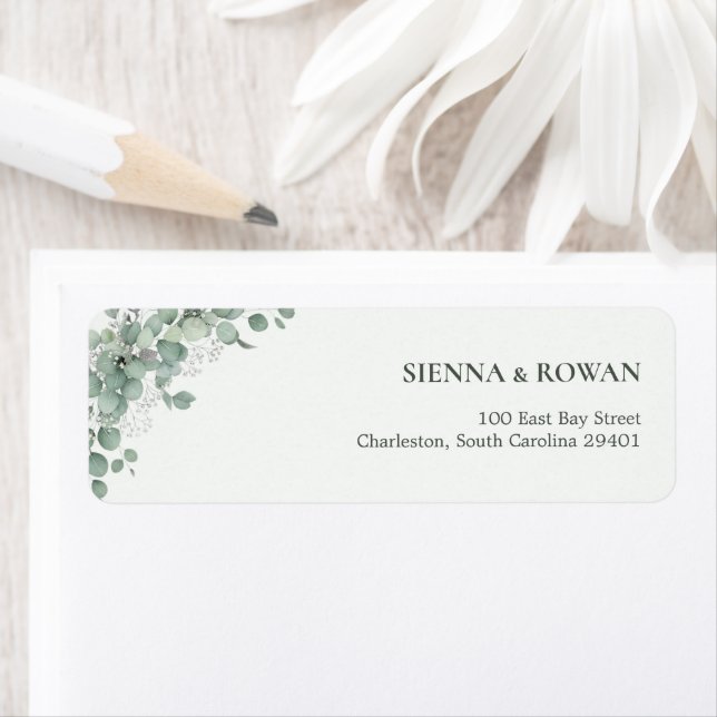 Elegant Sage Green Eucalyptus Wedding Return Addre (Insitu)