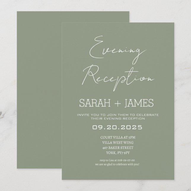 Elegant Sage Green Evening Reception Wedding  Invitation (Front/Back)
