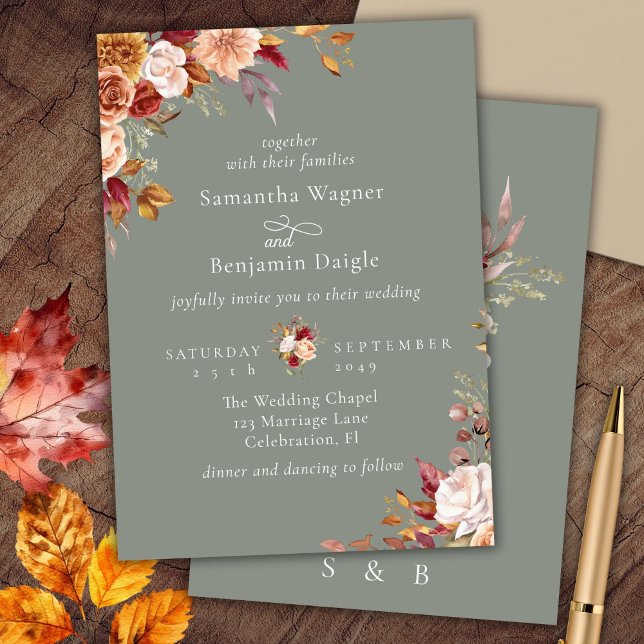 Elegant Sage Green Fall Floral Wedding Invitation (Creator Uploaded)