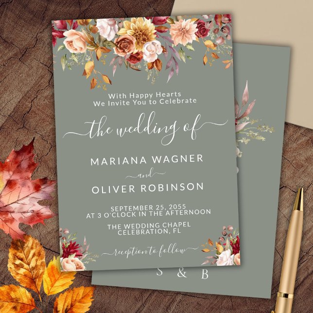 Elegant Sage Green Fall Floral Wedding Invitation (Creator Uploaded)
