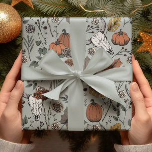 Elegant Sage Green Fall Harvest and Cow Skulls Wrapping Paper