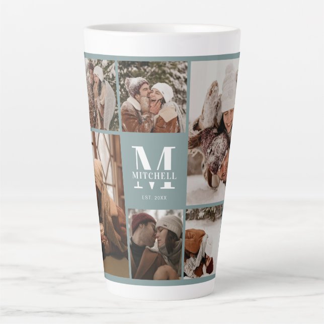 Elegant Sage Green Family Photo Collage Keepsake Latte Mug (Front)