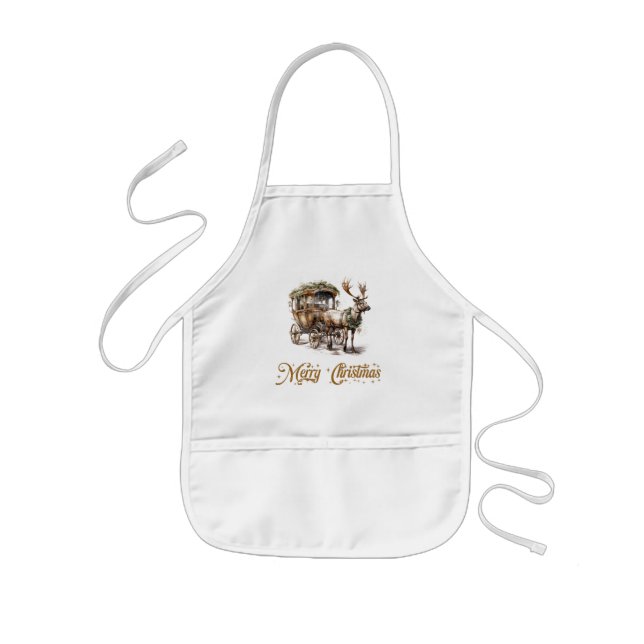 Elegant sage green faux gold Reindeer and sleigh  Kids Apron (Front)