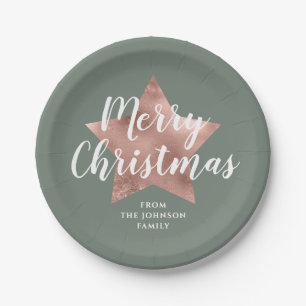 Elegant Sage Green Faux Gold Star Merry Christmas Paper Plate