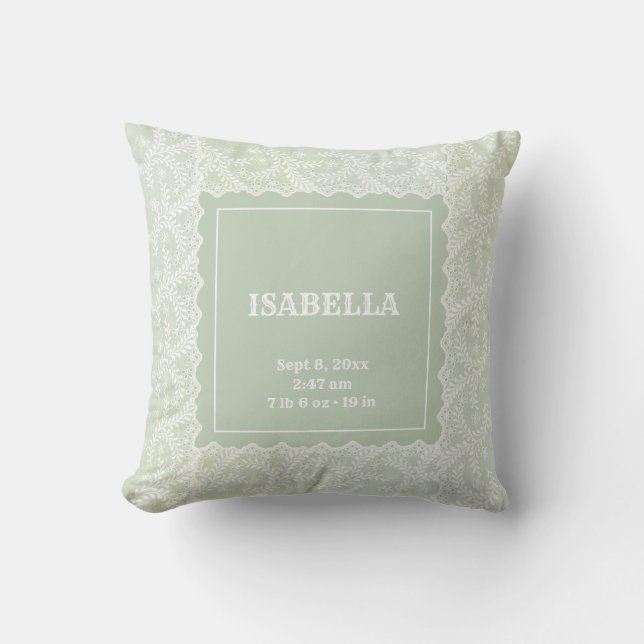Elegant Sage Green Faux Lace Gender Neutral Cushion (Front)