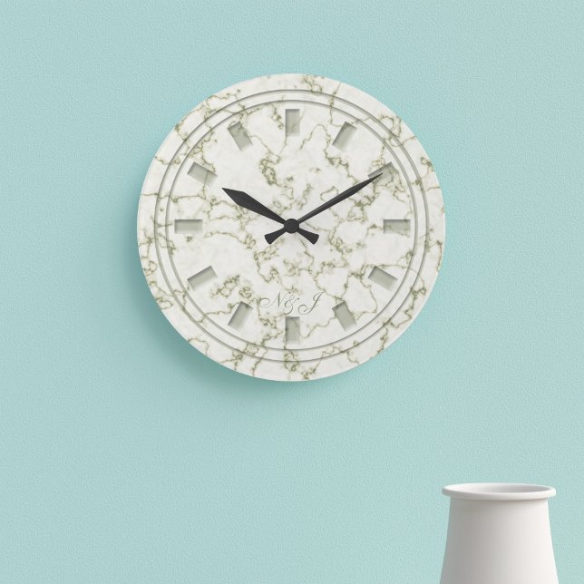Elegant Sage Green Faux Marble Monogram Large Clock (An elegant sage green faux marble clock with space for your initials)