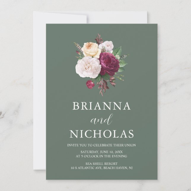 Elegant Sage Green Floral All in One Wedding Invitation (Front)