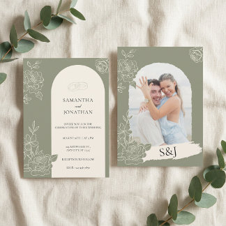 Elegant Sage Green Floral Arch Photo Back Wedding Invitation