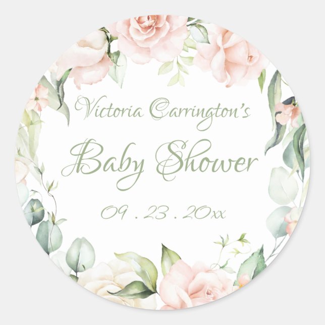 Elegant Sage Green Floral Baby Shower  Classic Round Sticker (Front)