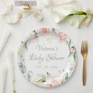 Elegant Sage Green Floral Baby Shower  Paper Plate