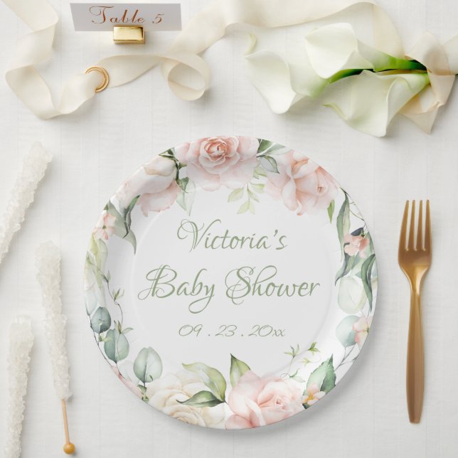Elegant Sage Green Floral Baby Shower  Paper Plate (Wedding)