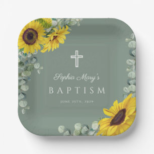 Elegant Sage Green Floral Baptism Paper Plate