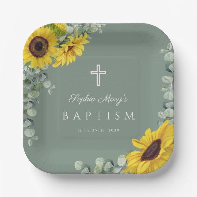 Elegant Sage Green Floral Baptism Paper Plate (Front)