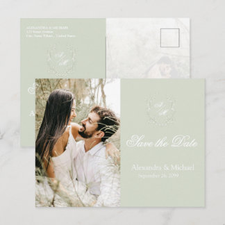 Elegant Sage Green Floral Crest Monogram Photo Postcard