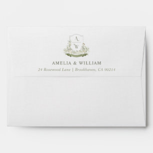 Elegant Sage Green Floral Crest Monogram Wedding Envelope