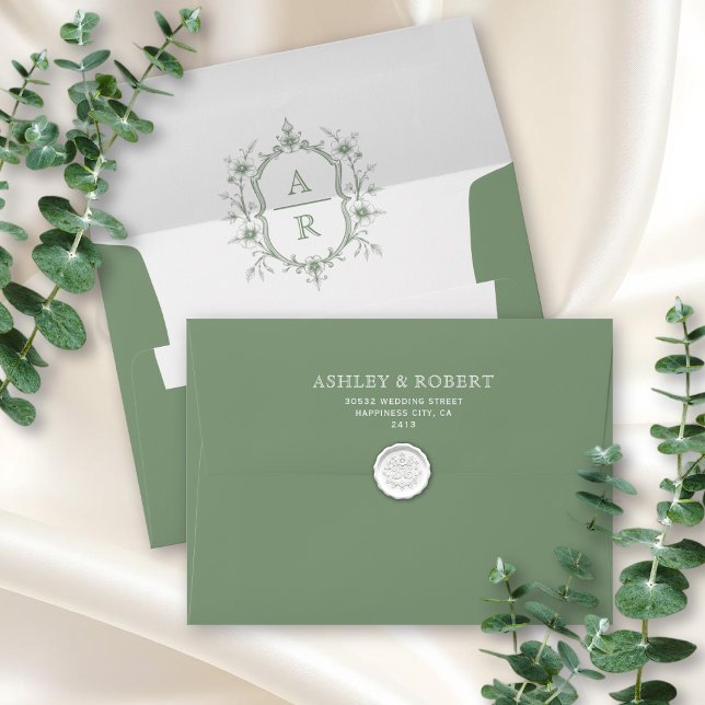Elegant sage green floral crest monogram wedding envelope (Creator Uploaded)