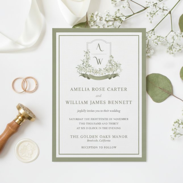 Elegant Sage Green Floral Crest Monogram Wedding  Invitation (Elegant Sage Green Floral Crest Monogram Wedding Invitation)