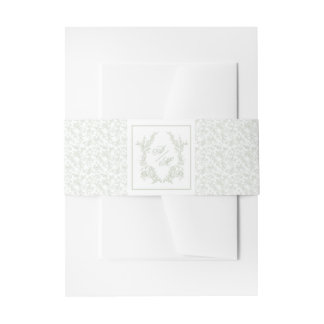 Elegant Sage Green Floral Crest Monogram Wedding Invitation Belly Band