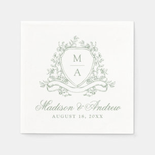 Elegant Sage Green Floral Crest Monogram Wedding Napkin