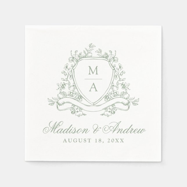Elegant Sage Green Floral Crest Monogram Wedding Napkin (Front)