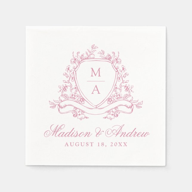 Elegant Sage Green Floral Crest Monogram Wedding Napkin (Front)