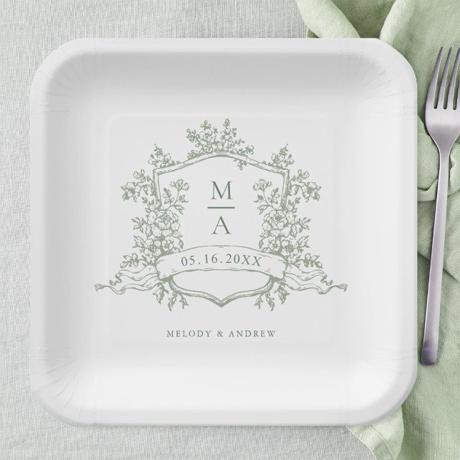 Elegant Sage Green  Floral Crest Monogram Wedding Paper Plate (Creator Uploaded)