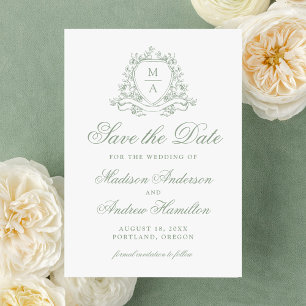 Elegant Sage Green Floral Crest Monogram Wedding Save The Date