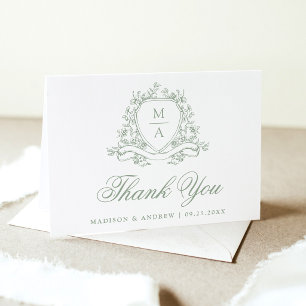 Elegant Sage Green Floral Crest Monogram Wedding Thank You Card