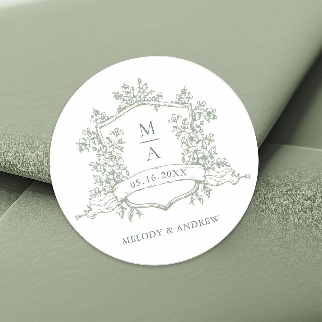 Elegant Sage Green Floral Crest Monograms Wedding Classic Round Sticker (Creator Uploaded)
