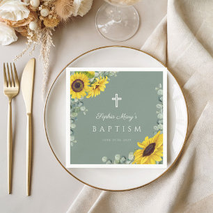 Elegant Sage Green Floral Cross Baptism Napkin